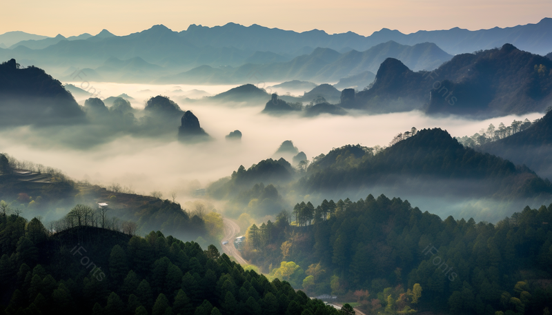 航拍晨雾缭绕的乡间生活背景图,高清,摄影图,摄影图片,图片大全,摄影图免费下载